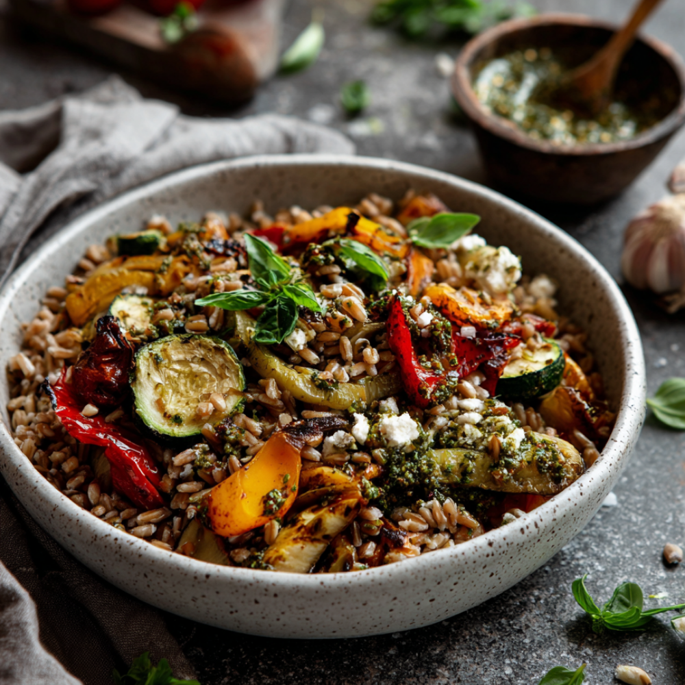 Italian Farro Salad with Roasted Vegetables and Pesto