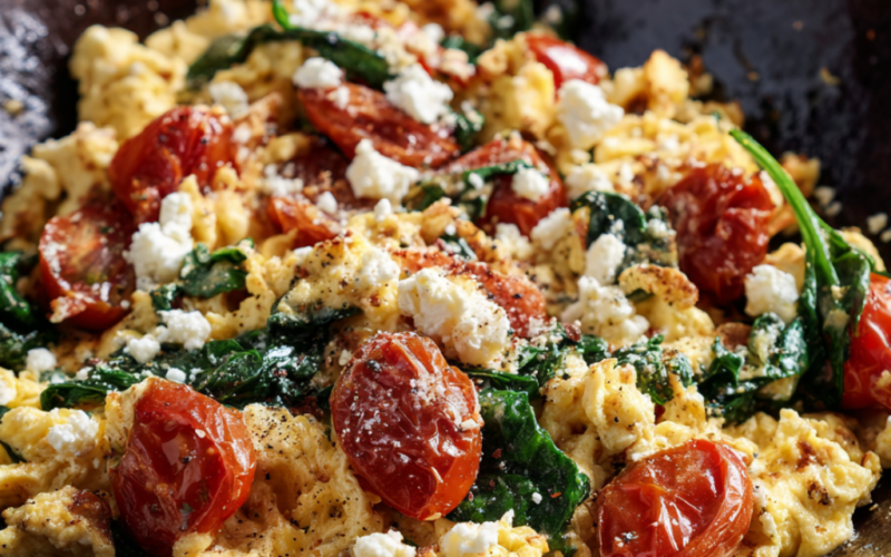 Mediterranean Scrambled Eggs with Spinach, Tomatoes, and Feta