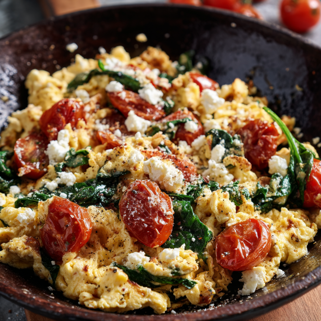 Mediterranean Scrambled Eggs with Spinach, Tomatoes, and Feta