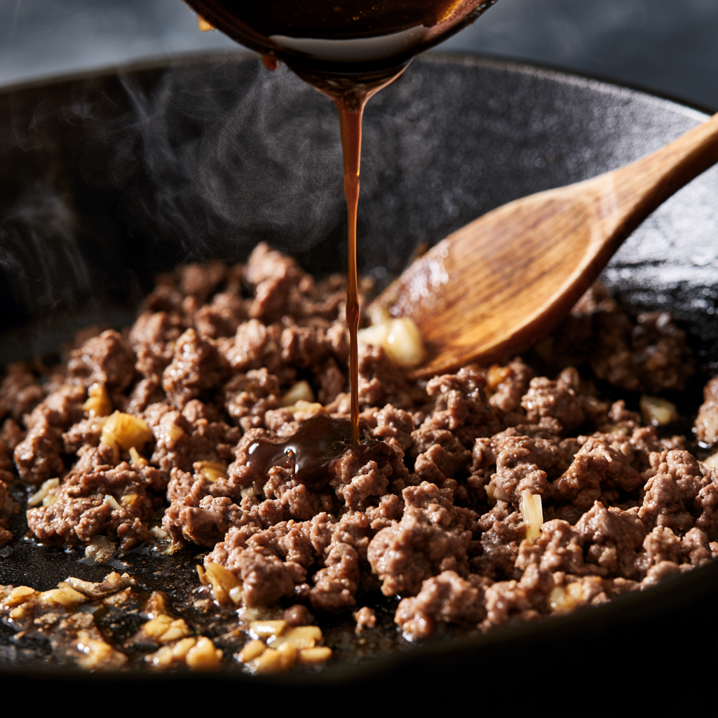 Mongolian Ground Beef Noodles-adding hoisin sauce