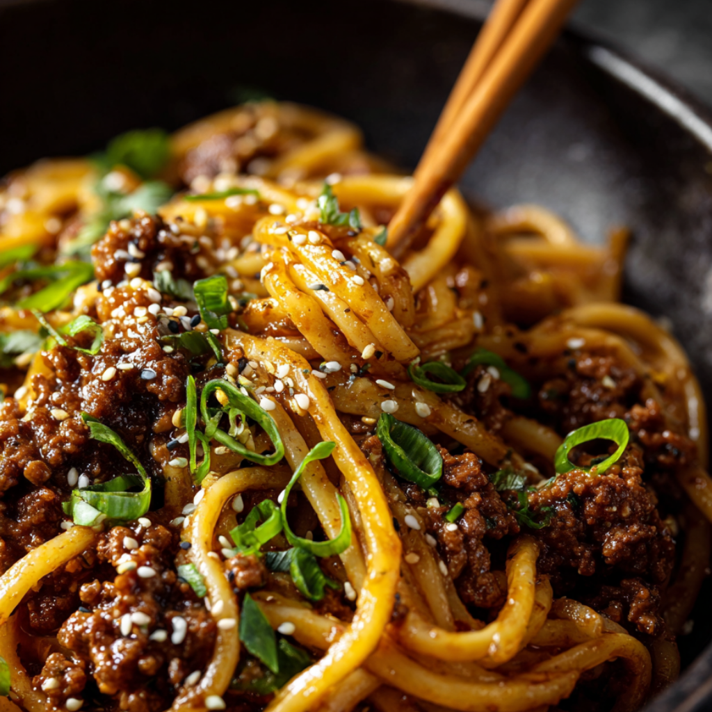 Mongolian Ground Beef Noodles-closeup