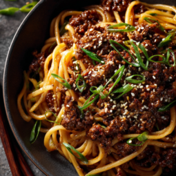 Mongolian Ground Beef Noodles-served