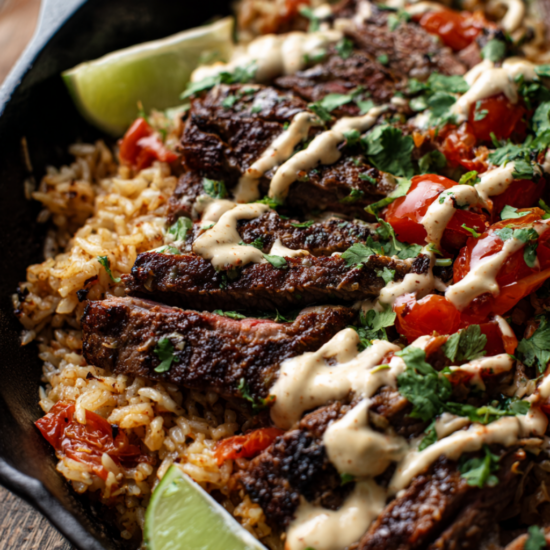 One-Pan Steak and Rice with Rotel Recipe-skillet