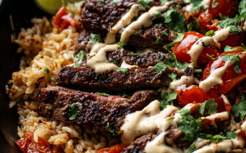 One-Pan Steak and Rice with Rotel Recipe-skillet