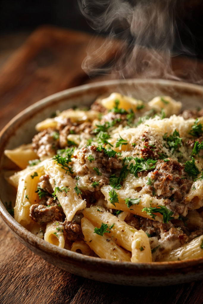 One-Pot Creamy Beef & Garlic Butter Pasta-bowl