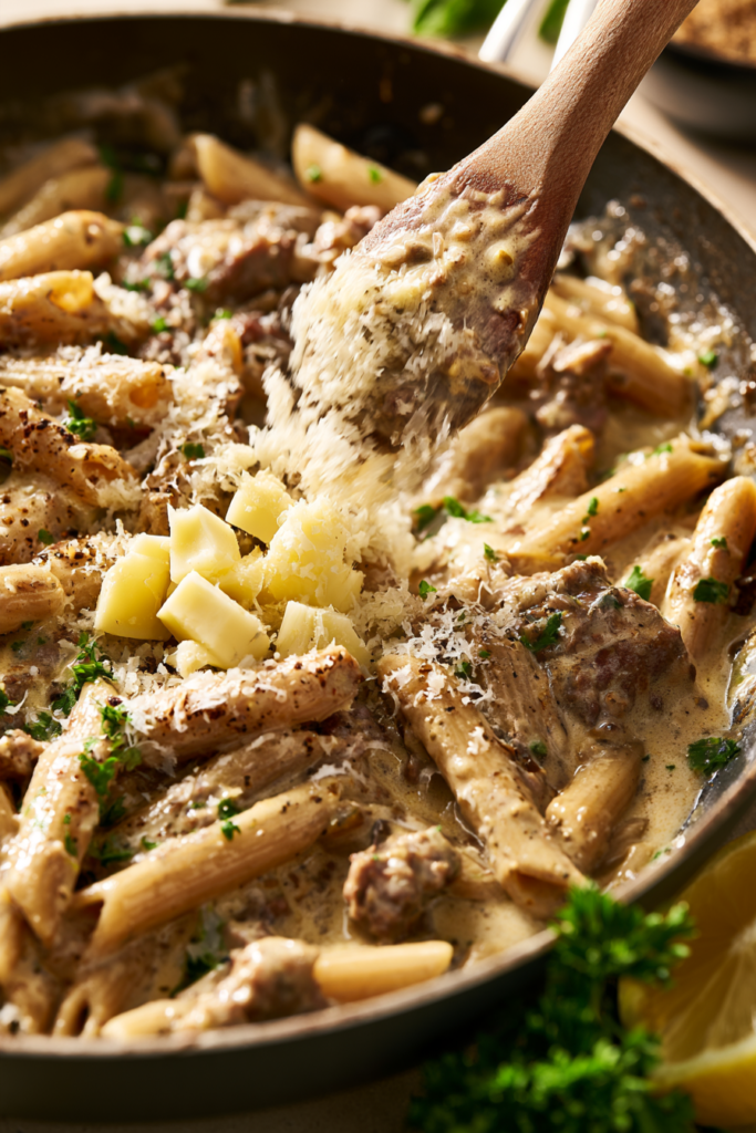 One-Pot Creamy Beef & Garlic Butter Pasta-process