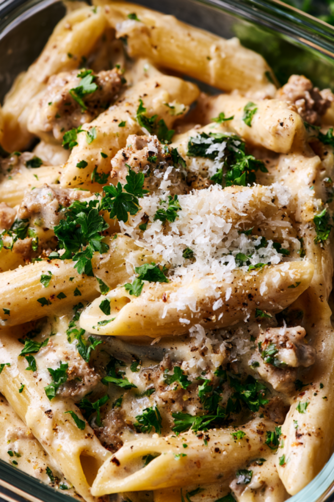 One-Pot Creamy Beef & Garlic Butter Pasta-process-meal prep