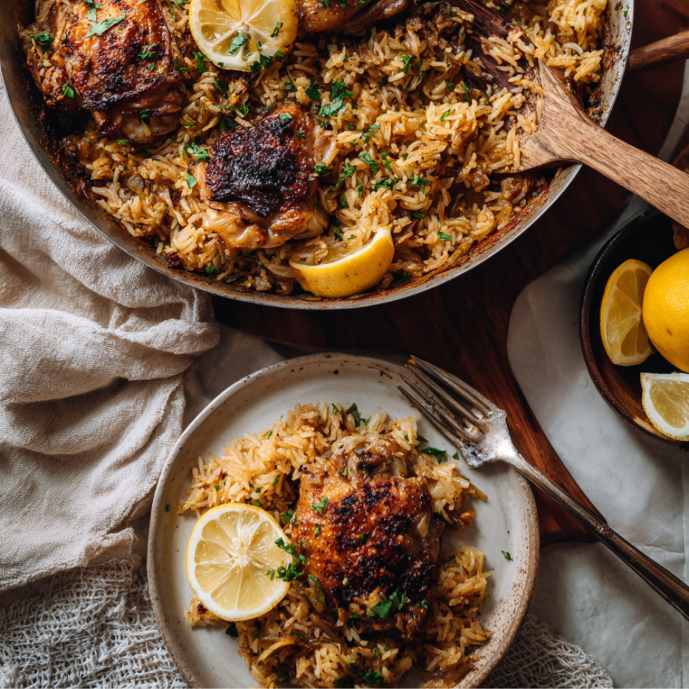 One-Pot Greek Chicken and Lemon Rice-plated