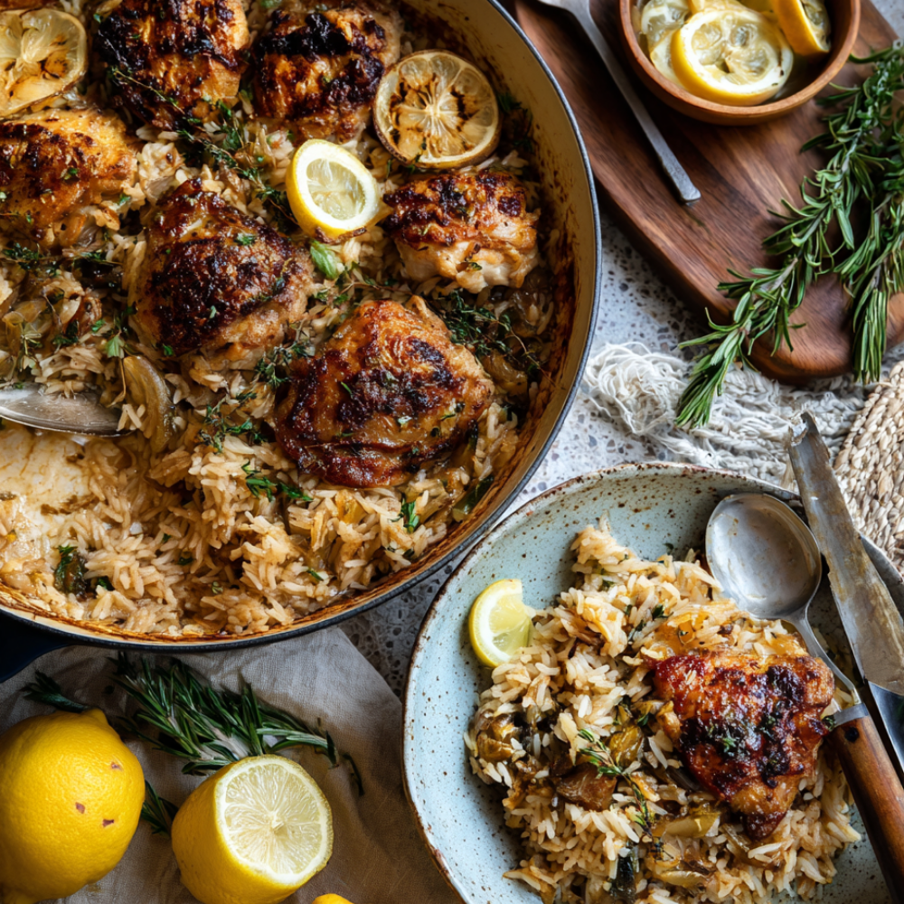 One-Pot Greek Chicken and Lemon Rice-served