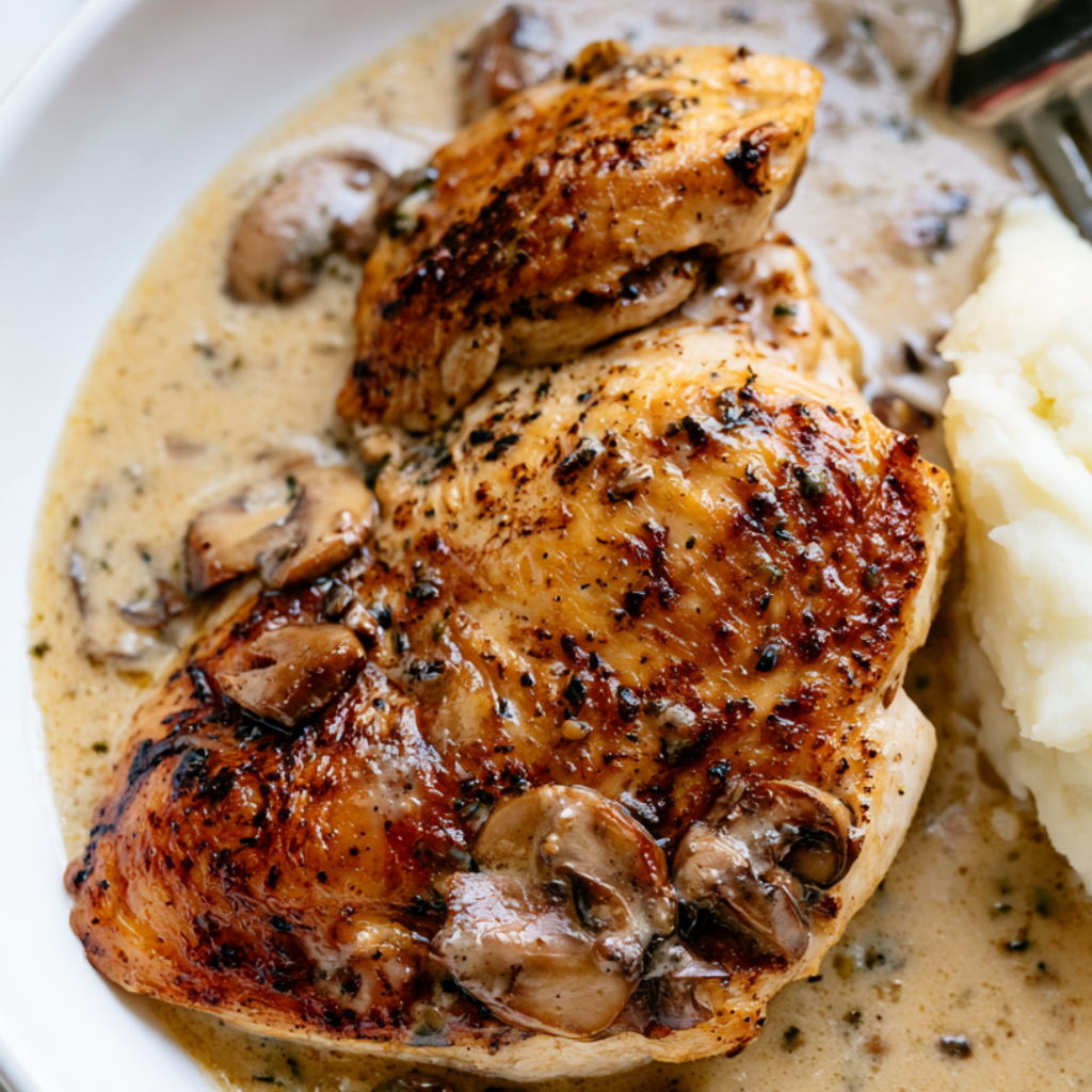 Pan-Seared Chicken with Creamy Mushroom Sauce Recipe with mashed potatoes