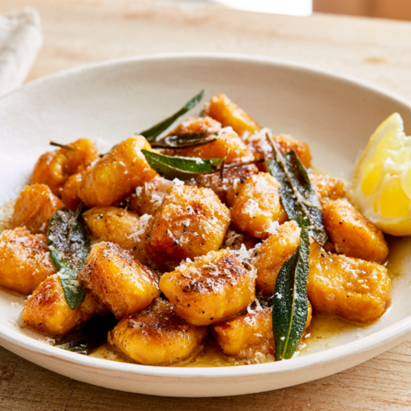 Pan-Seared Pumpkin Gnocchi in Crispy Sage Brown Butter-served