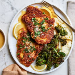 Parmesan Crusted Chicken Recipe-with broccoli and mashed potatoes