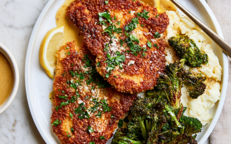 Parmesan Crusted Chicken Recipe-with broccoli and mashed potatoes