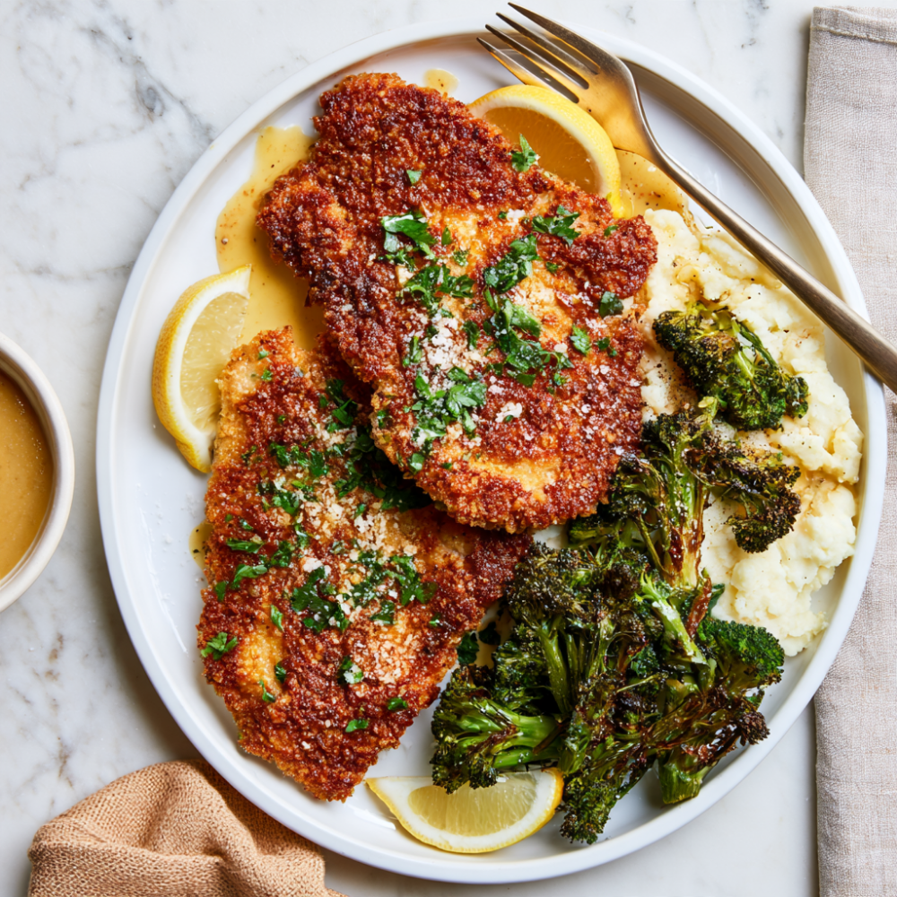 Parmesan Crusted Chicken Recipe-with broccoli and mashed potatoes