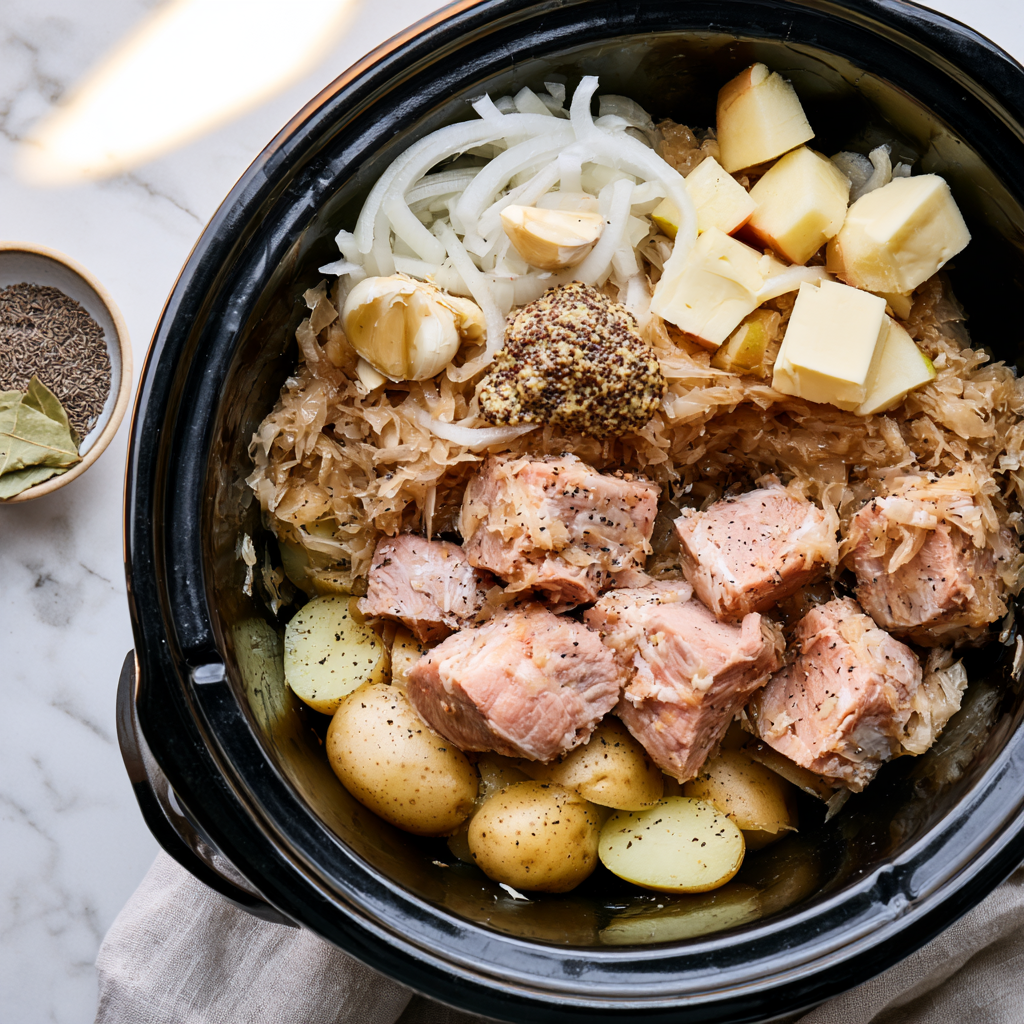 Pork and Sauerkraut Crockpot Recipe-layering