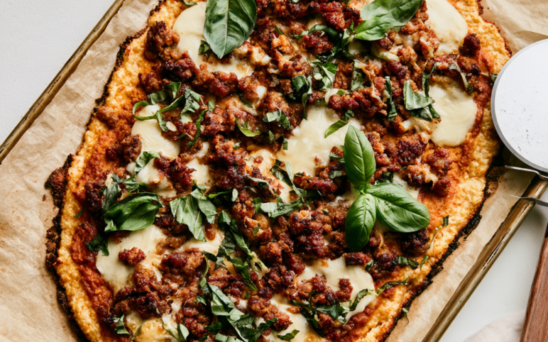 Protein Pizza — Cottage Cheese Crust with Italian Sausage-top view