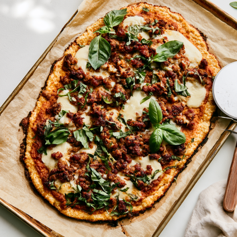 Protein Pizza — Cottage Cheese Crust with Italian Sausage-top view