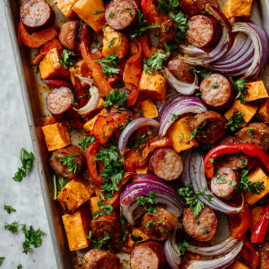 Recipe 1 Smoked Sausage, Sweet Potato, and Bell Pepper Sheet Pan