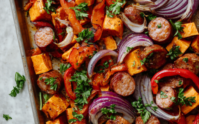 Recipe 1 Smoked Sausage, Sweet Potato, and Bell Pepper Sheet Pan