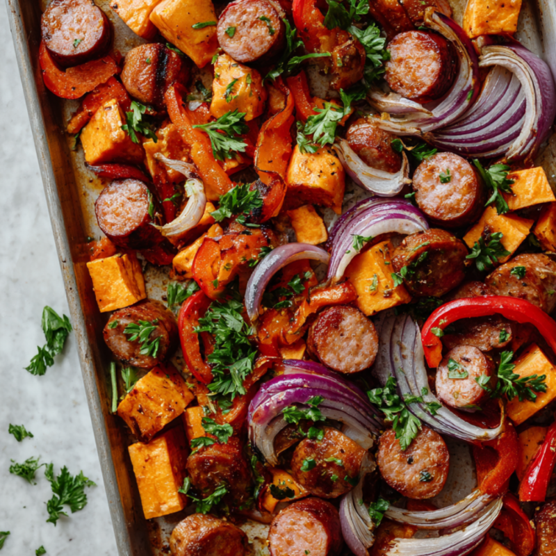 Recipe 1 Smoked Sausage, Sweet Potato, and Bell Pepper Sheet Pan