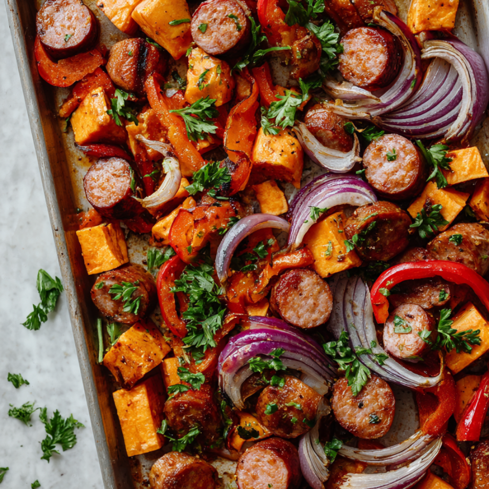 Recipe 1 Smoked Sausage, Sweet Potato, and Bell Pepper Sheet Pan
