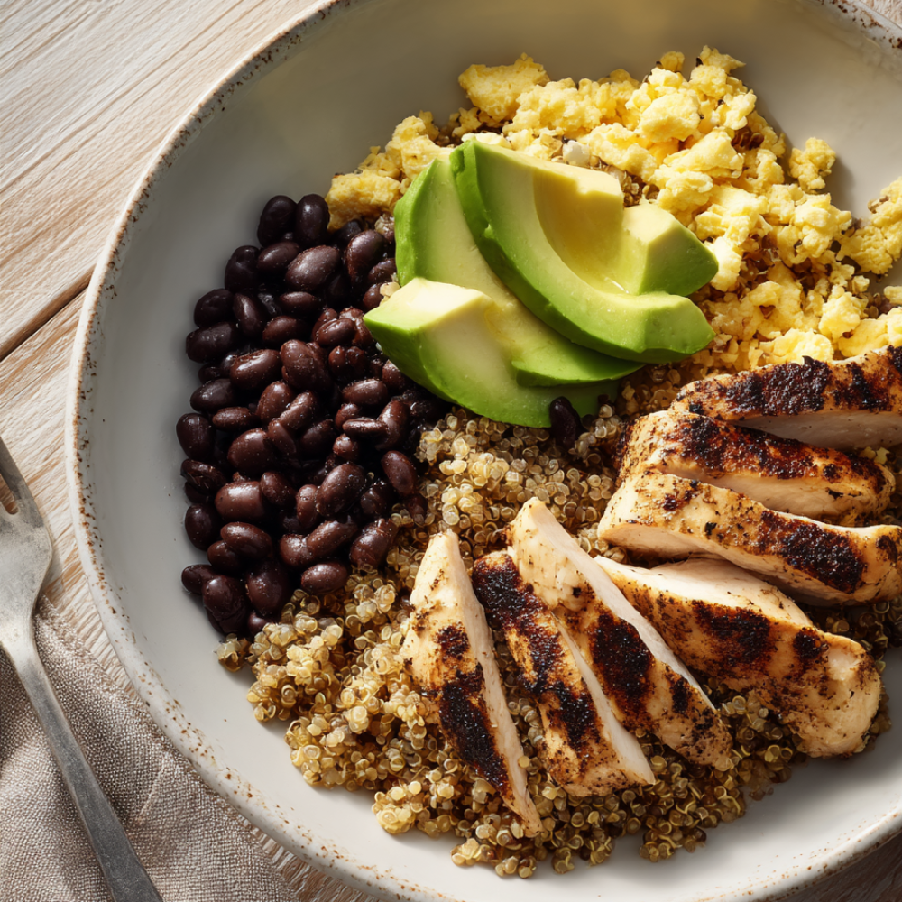 Recipe 2 Scrambled Egg and Chicken Quinoa Breakfast Bowl