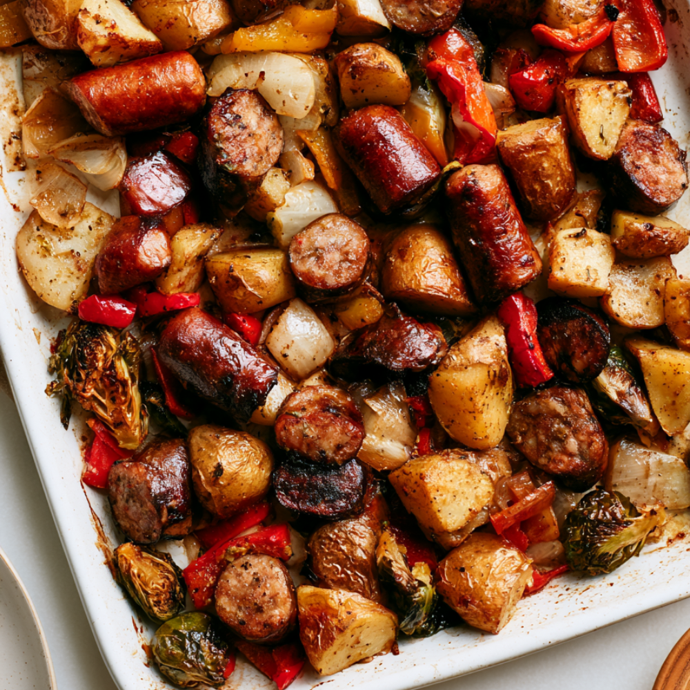 Recipe 2 Smoked Sausage, Baby Potatoes, and Brussels Sprouts Sheet Pan