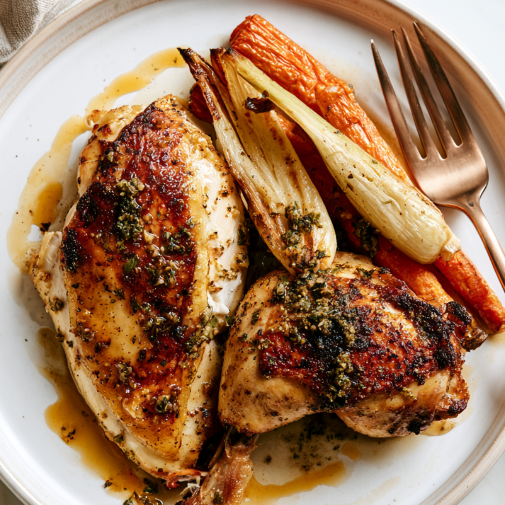 Roast Chicken Recipe with Garlic-Herb Butter-plated