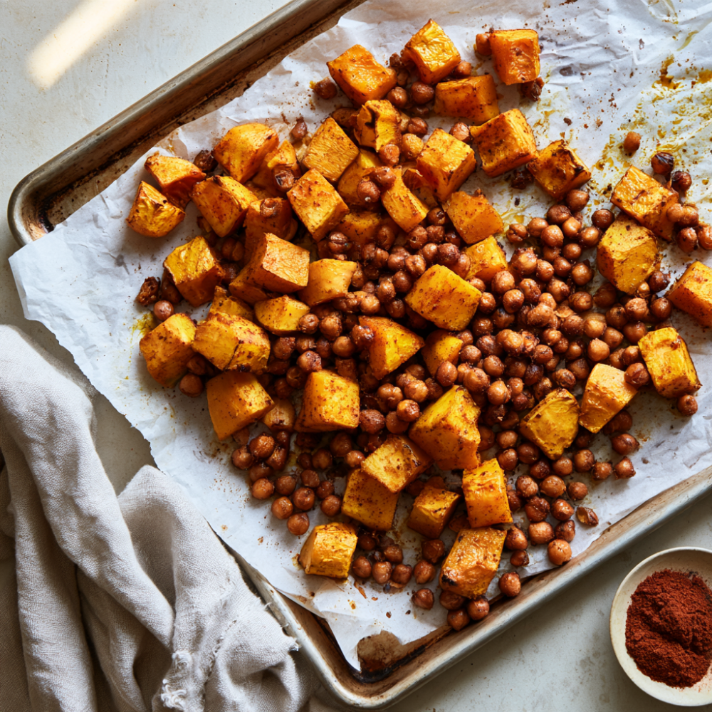 Roasted Pumpkin Quinoa Salad with Feta & Pomegranate-baking sheet