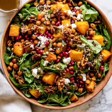Roasted Pumpkin Quinoa Salad with Feta & Pomegranate-bowl