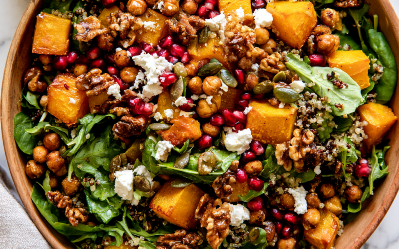 Roasted Pumpkin Quinoa Salad with Feta & Pomegranate-bowl