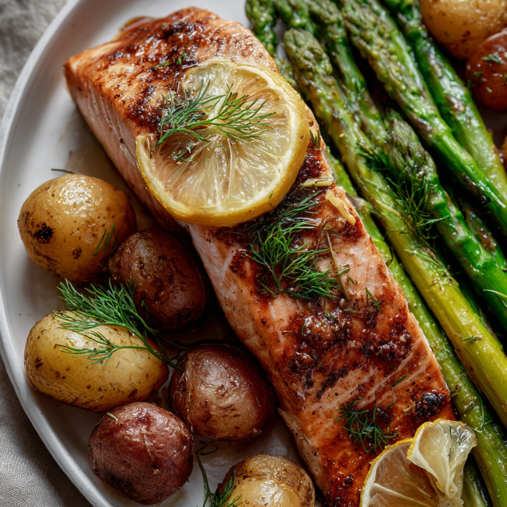 Sheet Pan Salmon — One Pan with Crispy Potatoes & Asparagus-plated