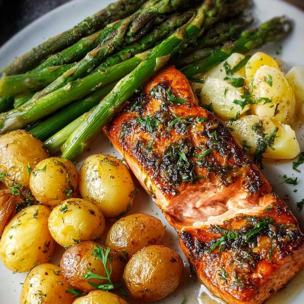 Sheet Pan Salmon — One Pan with Crispy Potatoes & Asparagus-served
