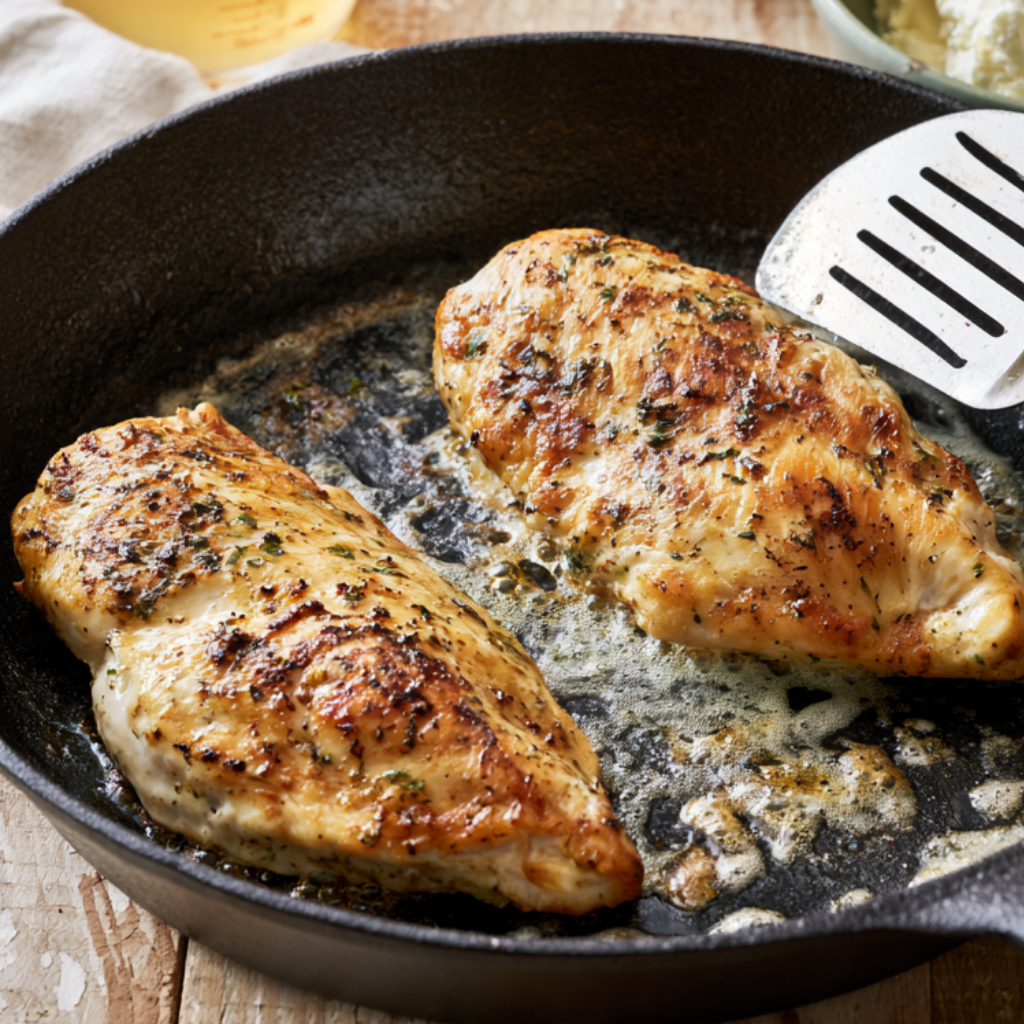 Skillet Cowboy Butter Chicken-searing chicken