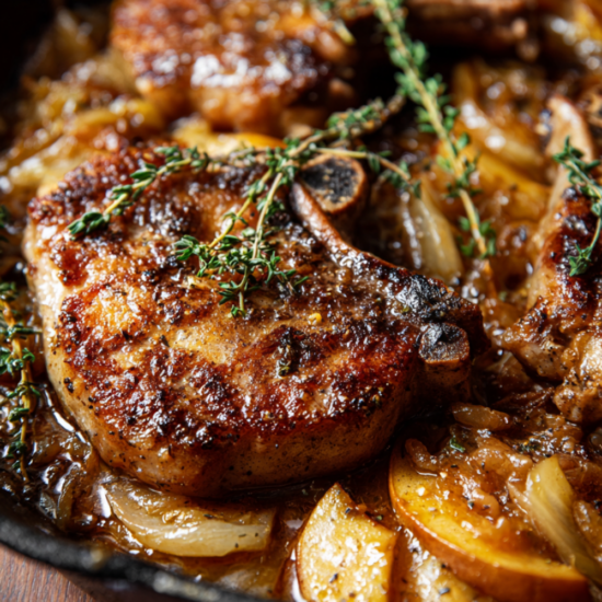 Skillet Pork Chops with Apple Cider Pan Sauce-one pan