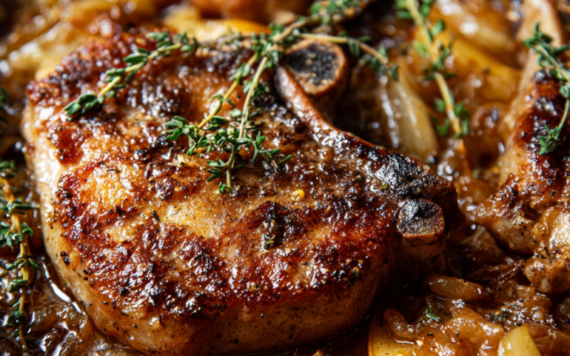 Skillet Pork Chops with Apple Cider Pan Sauce-one pan