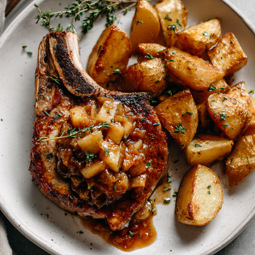 Skillet Pork Chops with Apple Cider Pan Sauce-served