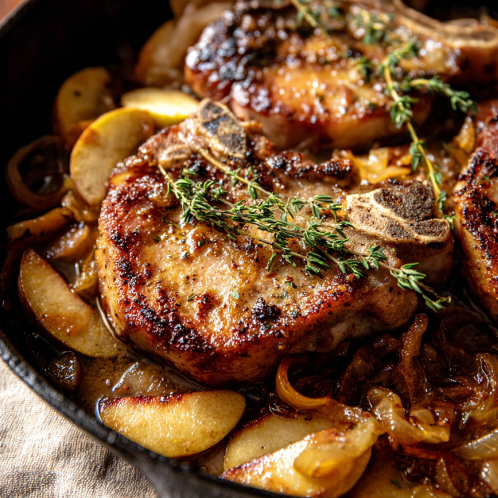 Skillet Pork Chops with Apple Cider Pan Sauce-skillet