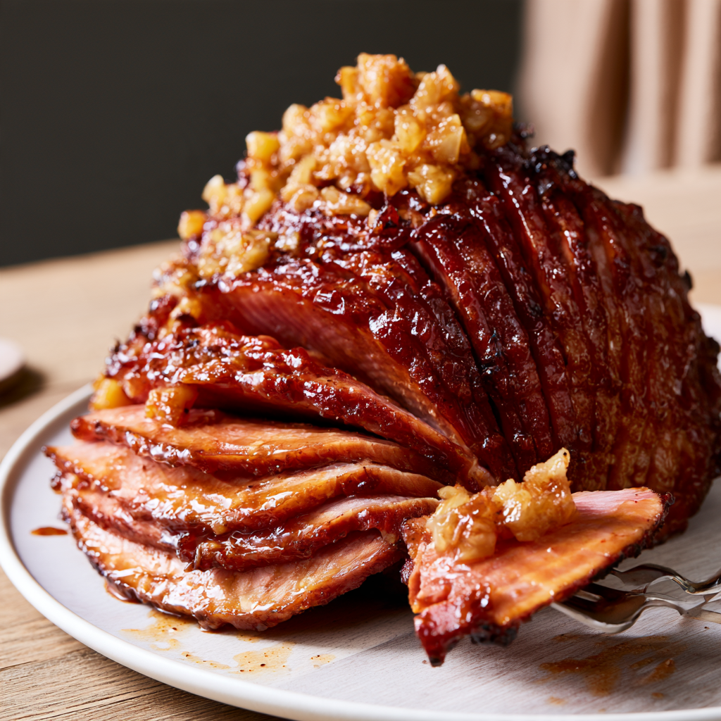Slow-Cooker Bourbon Maple Pineapple Christmas Ham-served