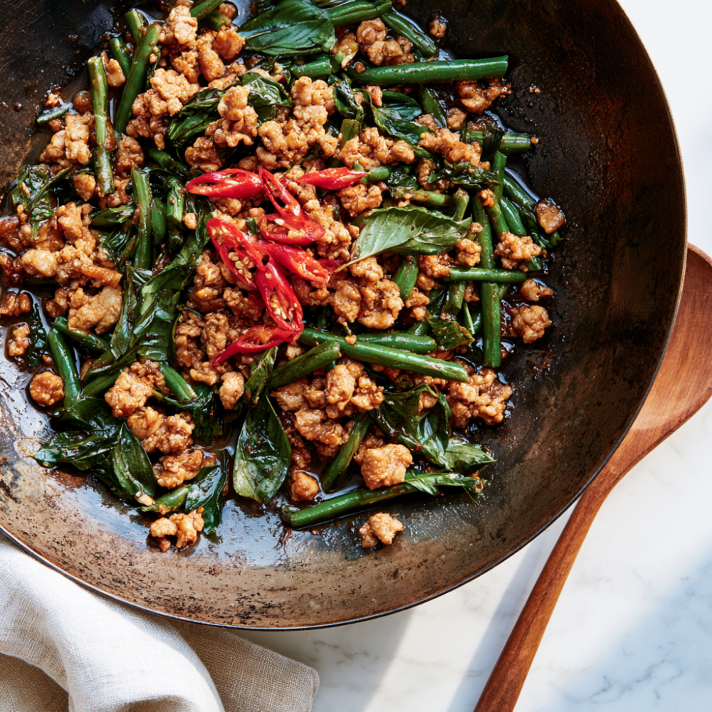 Spicy Thai Basil Chicken (Pad Krapow Gai)-in a wok