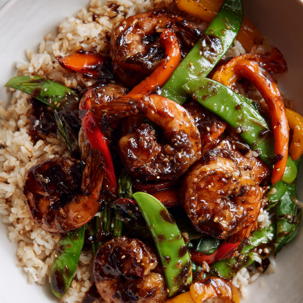 Teriyaki Shrimp Bowl over brown rice