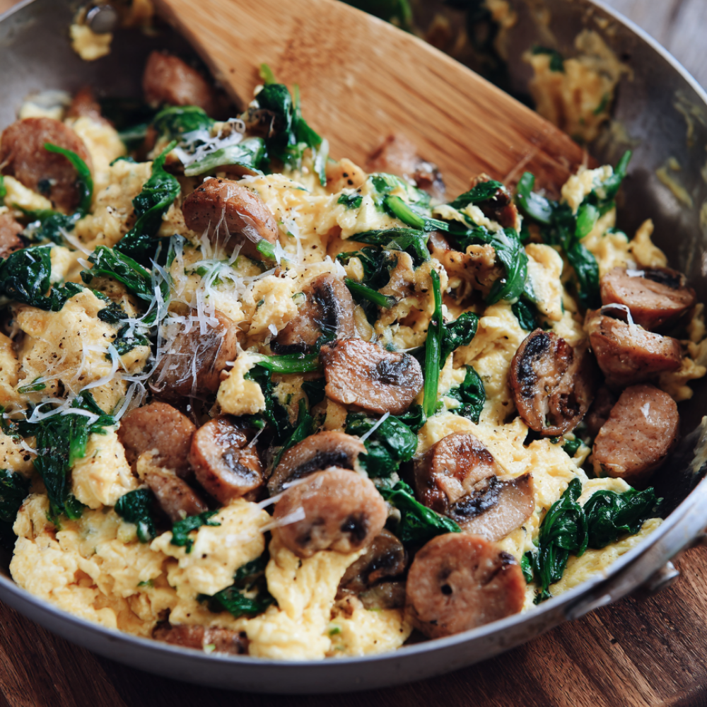 Turkey Sausage, Spinach, and Mushroom Scramble