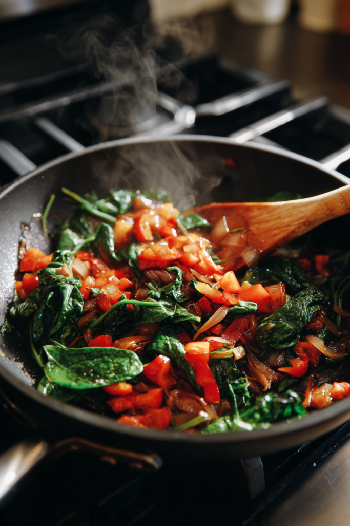 Veggie-Packed High-Protein Breakfast Scramble-cooking