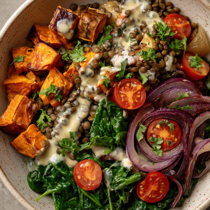 Warm Mediterranean Lentil Salad with Roasted Sweet Potato