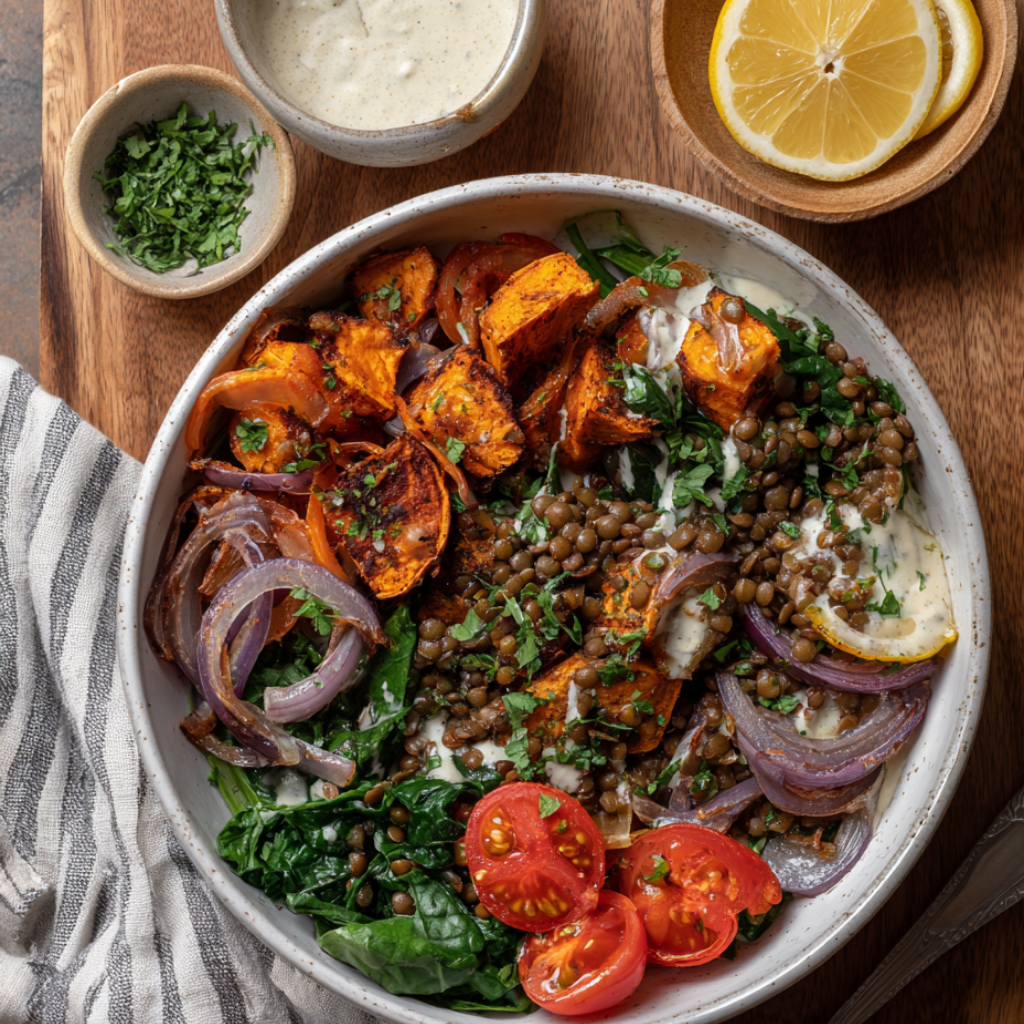 Warm Mediterranean Lentil Salad with Roasted Sweet Potato-served