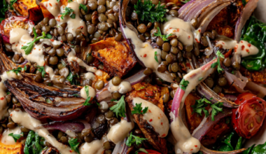 Warm Mediterranean Lentil Salad with Roasted Sweet Potato-with tahini dressing
