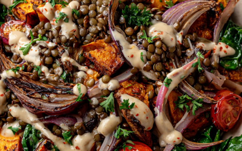 Warm Mediterranean Lentil Salad with Roasted Sweet Potato-with tahini dressing