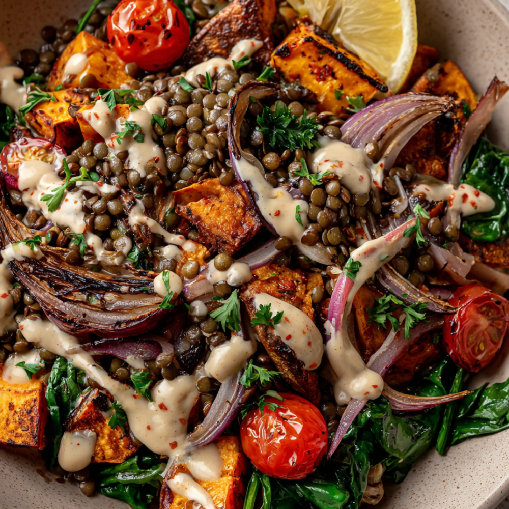 Warm Mediterranean Lentil Salad with Roasted Sweet Potato-with tahini dressing