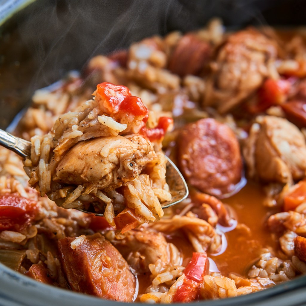 crockpot jambalaya-close up scoop