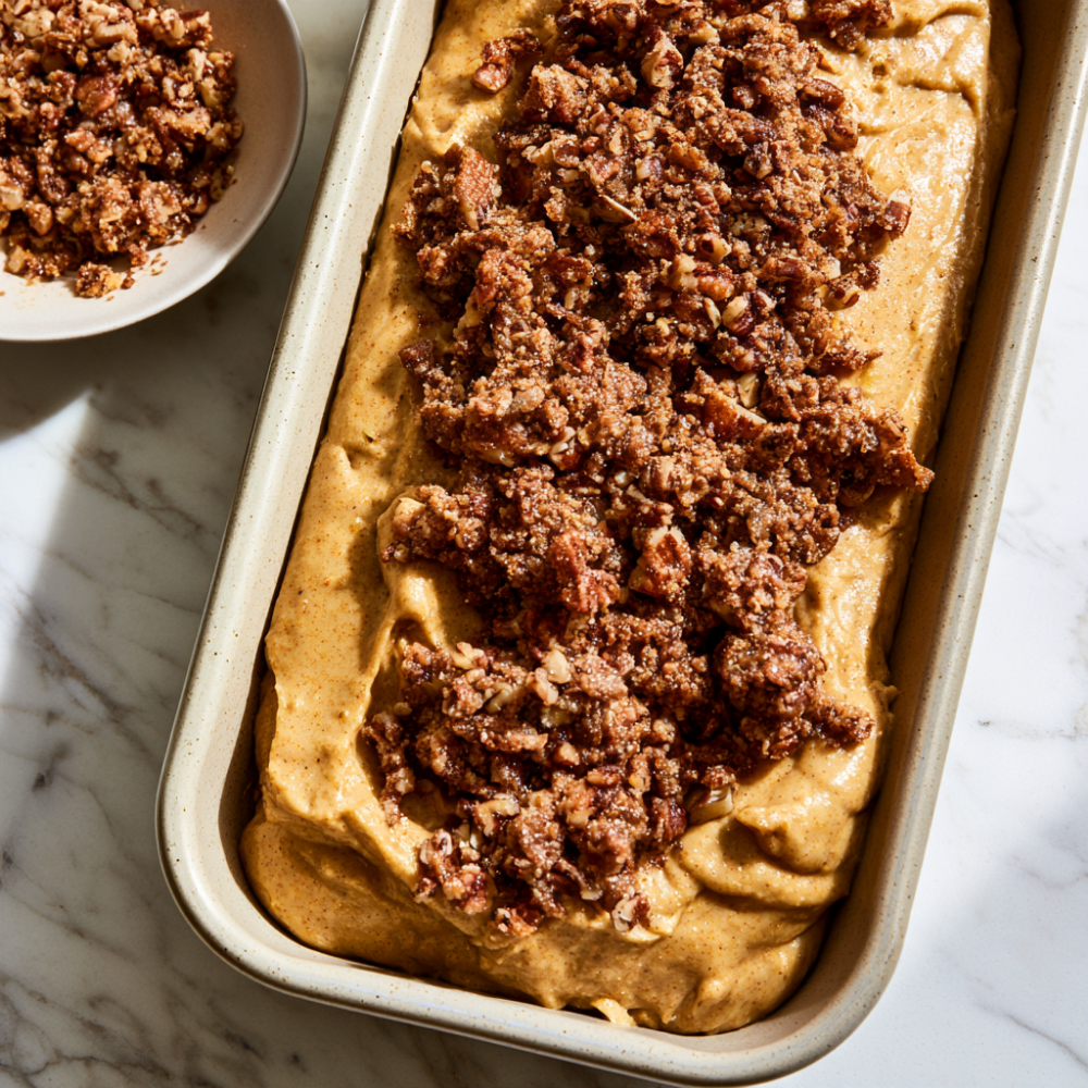 pumpkin banana bread- Batter and Streusel